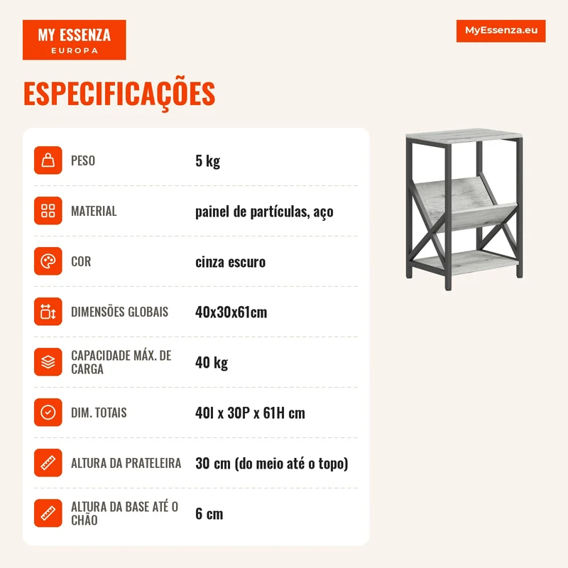 Mesa de Apoio Estreita Mesa Lateral com Armazenamento em 3 Níveis Porta-Revistas em V Estrutura em Aço 40x30x61cm Cinza Escuro