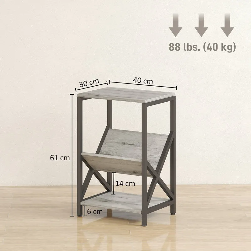Mesa de Apoio Estreita Mesa Lateral com Armazenamento em 3 Níveis Porta-Revistas em V Estrutura em Aço 40x30x61cm Cinza Escuro