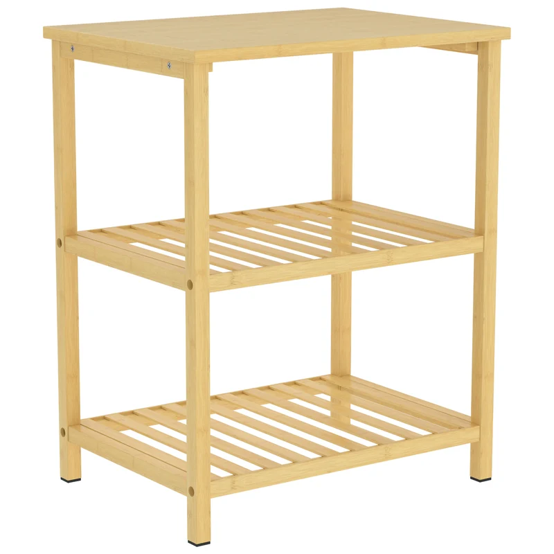 Mesa de Apoio em Bambu 3 Níveis com Prateleiras de Ripas para Espaços Pequenos Sala de Estar Quarto Natural