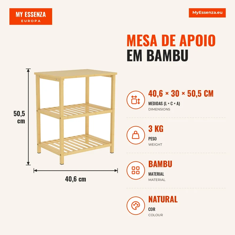 Mesa de Apoio em Bambu 3 Níveis com Prateleiras de Ripas para Espaços Pequenos Sala de Estar Quarto Natural
