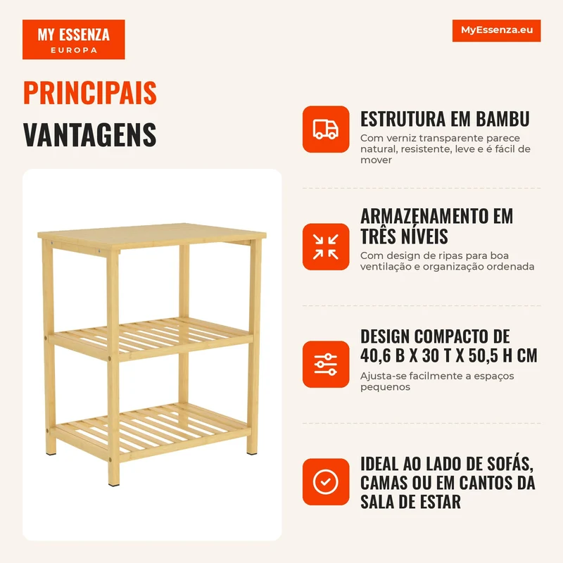 Mesa de Apoio em Bambu 3 Níveis com Prateleiras de Ripas para Espaços Pequenos Sala de Estar Quarto Natural