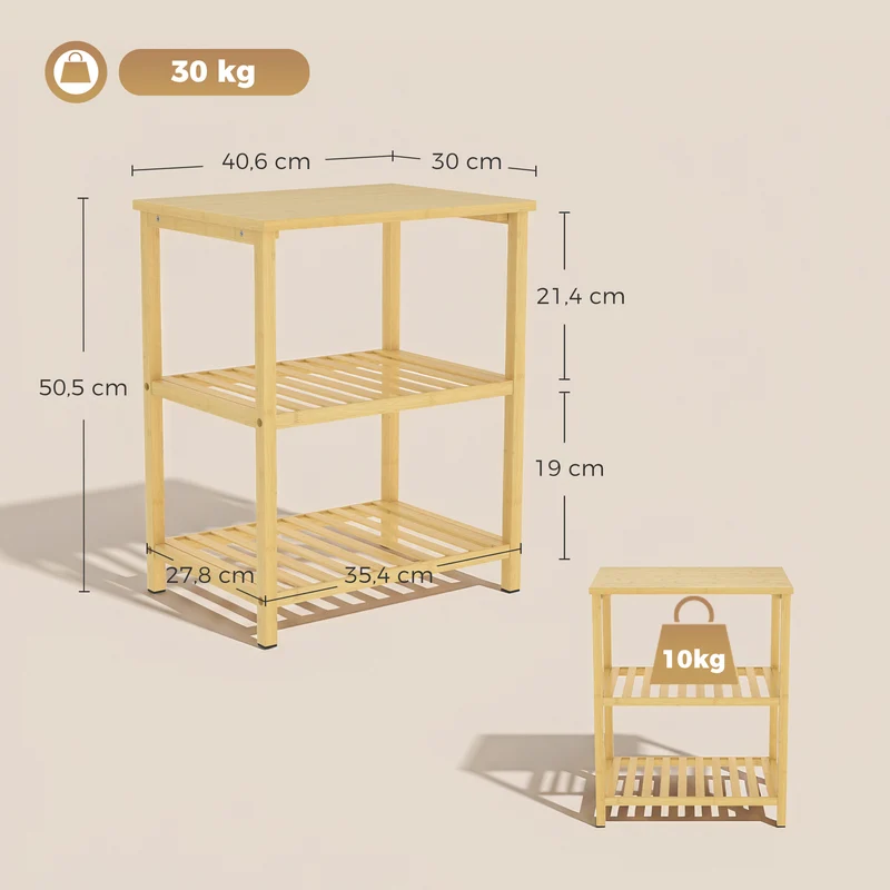 Mesa de Apoio em Bambu 3 Níveis com Prateleiras de Ripas para Espaços Pequenos Sala de Estar Quarto Natural
