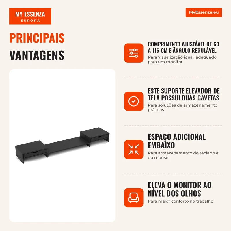 Elevador de Monitor para Mesa 60-116 cm com 2 Gavetas Comprimento e Ângulo Ajustáveis