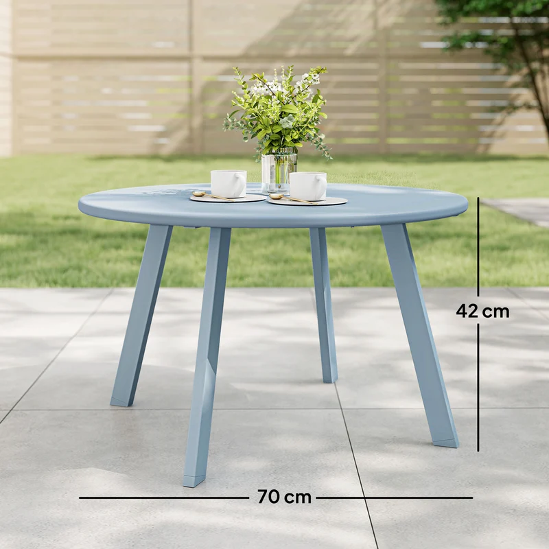 Pequena Mesa de Centro Redonda Mesa de Apoio com Patins Antiderrapantes Estrutura em Metal para Jardim Ø70x42 cm Azul