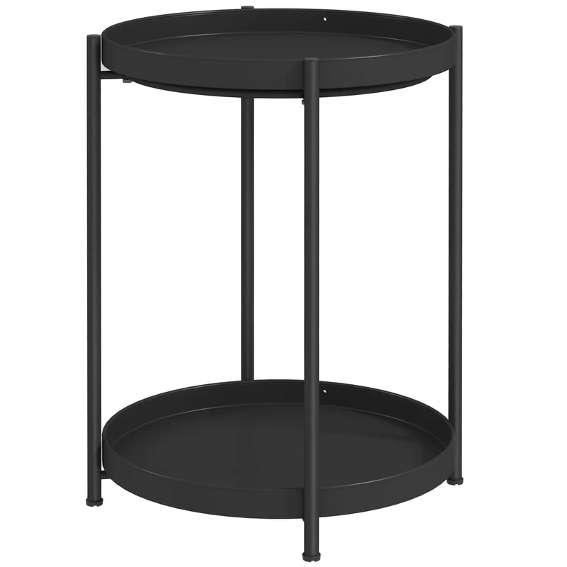 Mesa de Apoio Redonda com Prateleira, Mesa de Café de 2 Níveis para Sala, Quarto, Espaços Pequenos, Metal, Preto