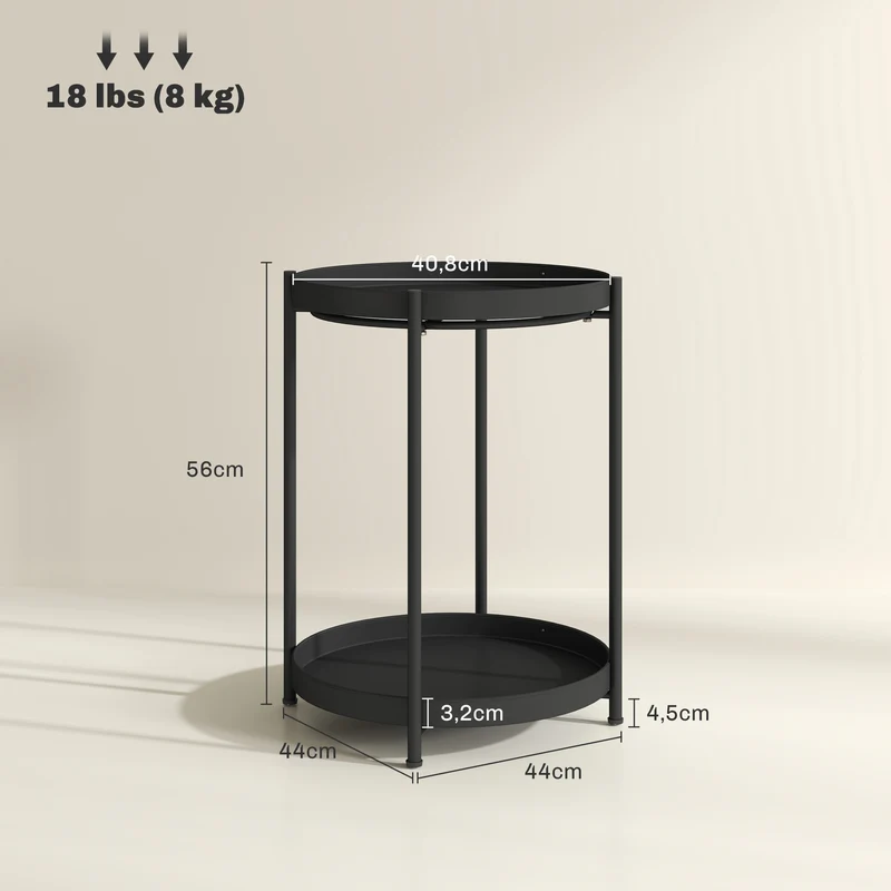 Mesa de Apoio Redonda com Prateleira, Mesa de Café de 2 Níveis para Sala, Quarto, Espaços Pequenos, Metal, Preto