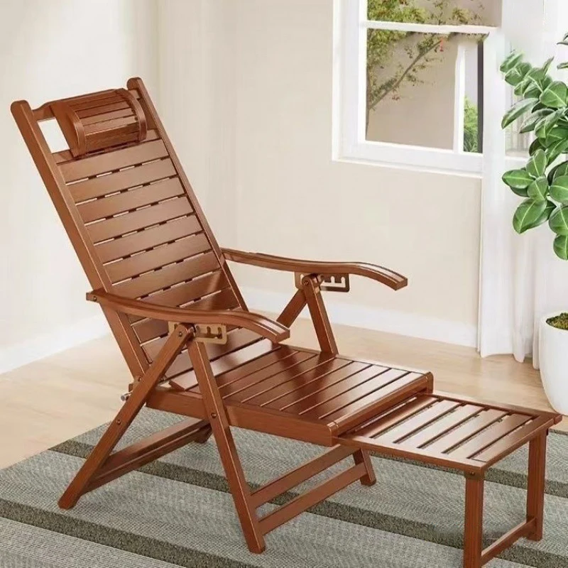 Traditional Chinese Bamboo Hollow Rectangular Folding Recliner Lounge Chair With Backrest Armrests For Living Room Balcony