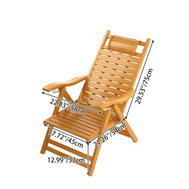 Traditional Chinese Bamboo Hollow Rectangular Folding Recliner Lounge Chair With Backrest Armrests For Living Room Balcony