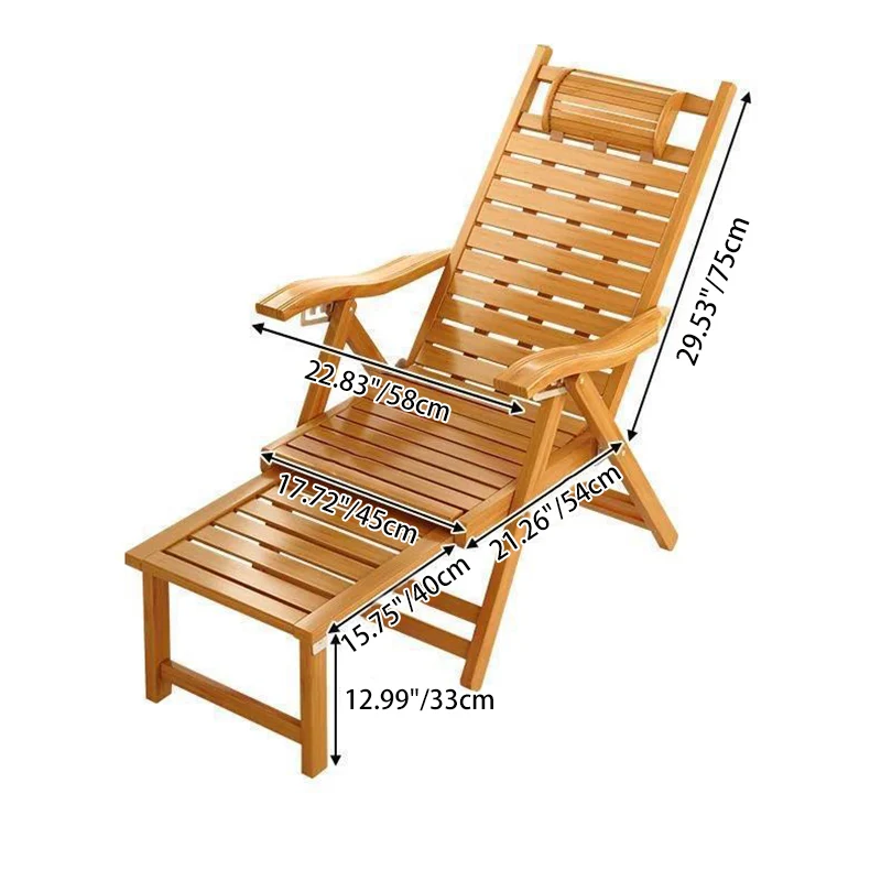 Traditional Chinese Bamboo Hollow Rectangular Folding Recliner Lounge Chair With Backrest Armrests For Living Room Balcony
