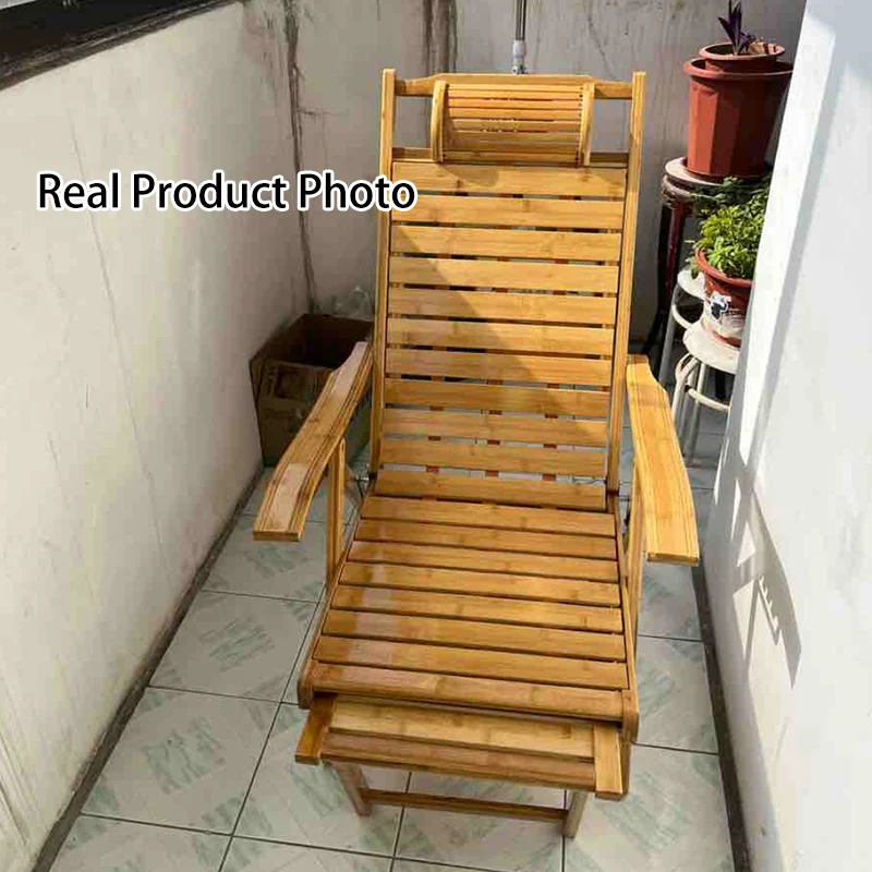 Traditional Chinese Bamboo Hollow Rectangular Folding Recliner Lounge Chair With Backrest Armrests For Living Room Balcony