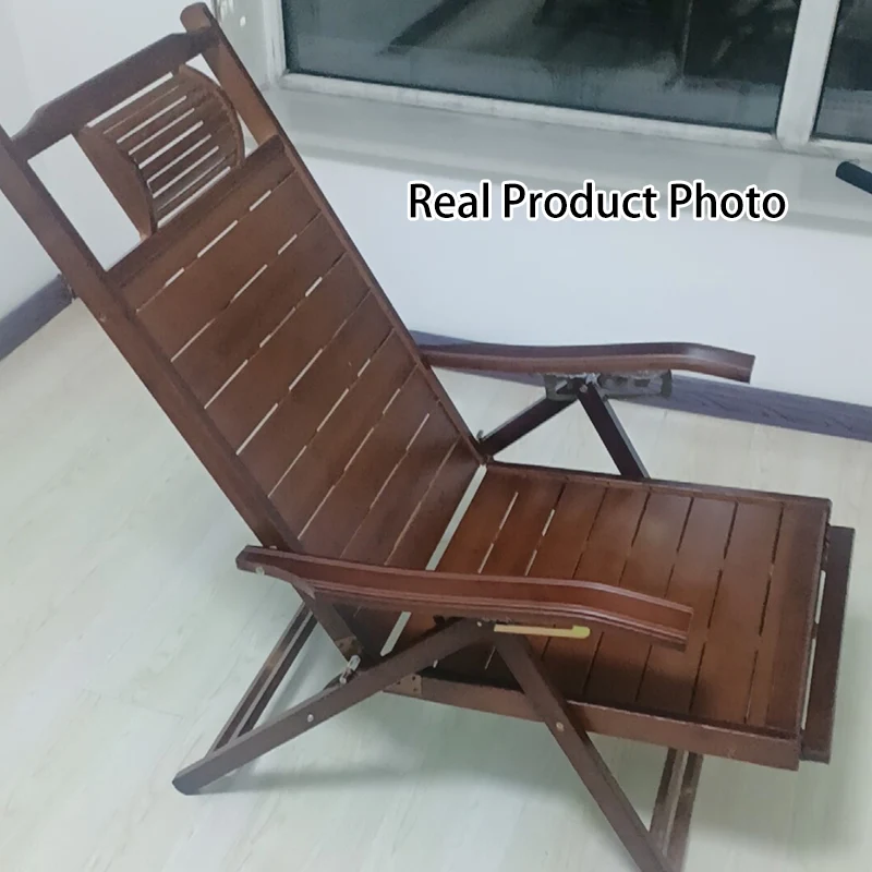 Traditional Chinese Bamboo Hollow Rectangular Folding Recliner Lounge Chair With Backrest Armrests For Living Room Balcony