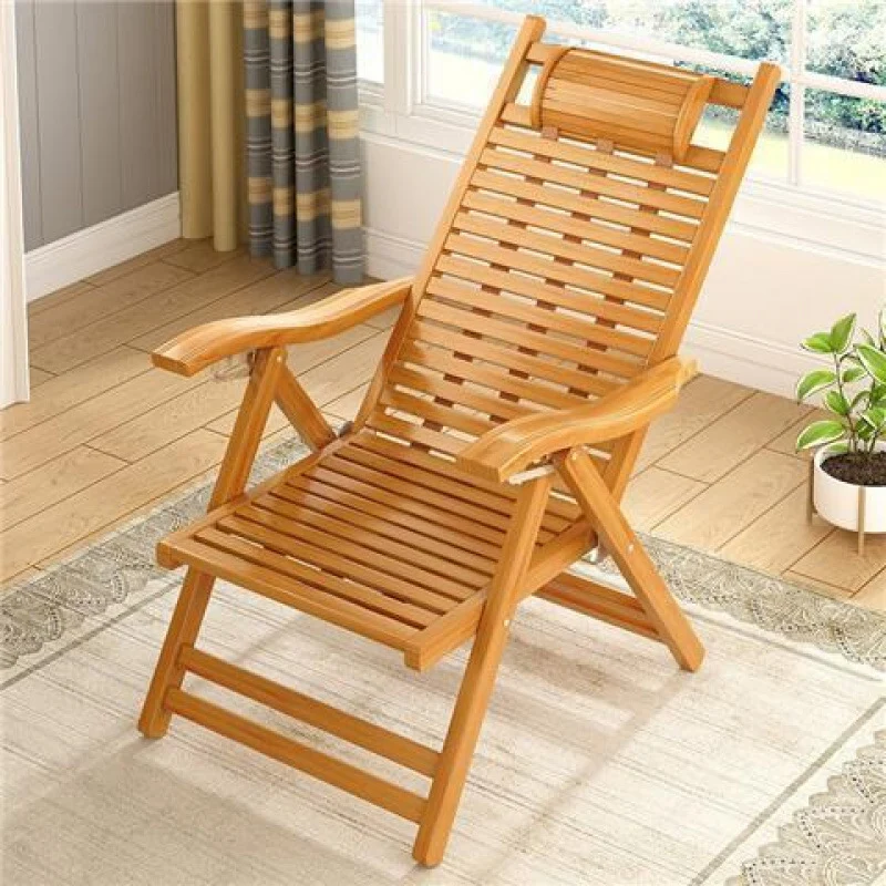 Traditional Chinese Bamboo Hollow Rectangular Folding Recliner Lounge Chair With Backrest Armrests For Living Room Balcony
