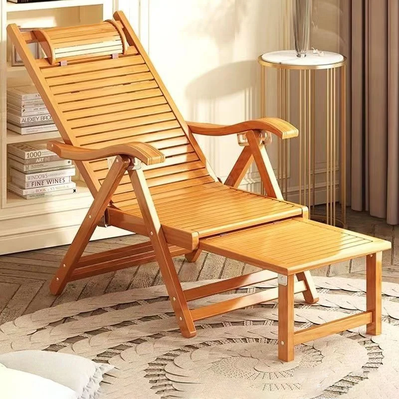 Traditional Chinese Bamboo Hollow Rectangular Folding Recliner Lounge Chair With Backrest Armrests For Living Room Balcony