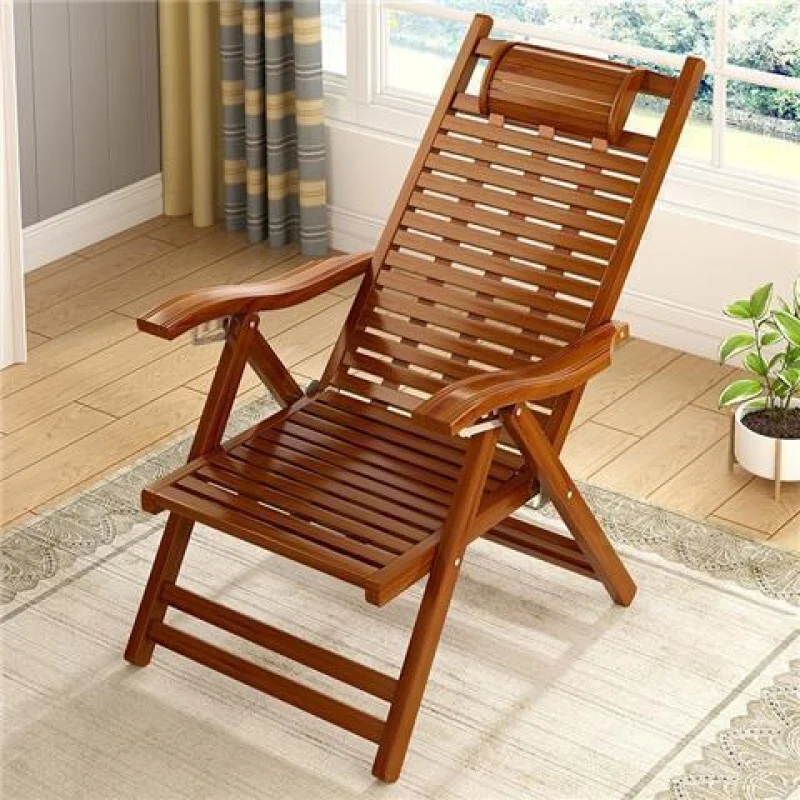 Traditional Chinese Bamboo Hollow Rectangular Folding Recliner Lounge Chair With Backrest Armrests For Living Room Balcony