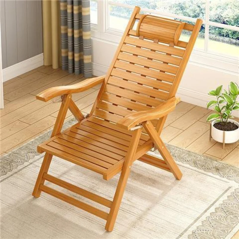 Traditional Chinese Bamboo Hollow Rectangular Folding Recliner Lounge Chair With Backrest Armrests For Living Room Balcony