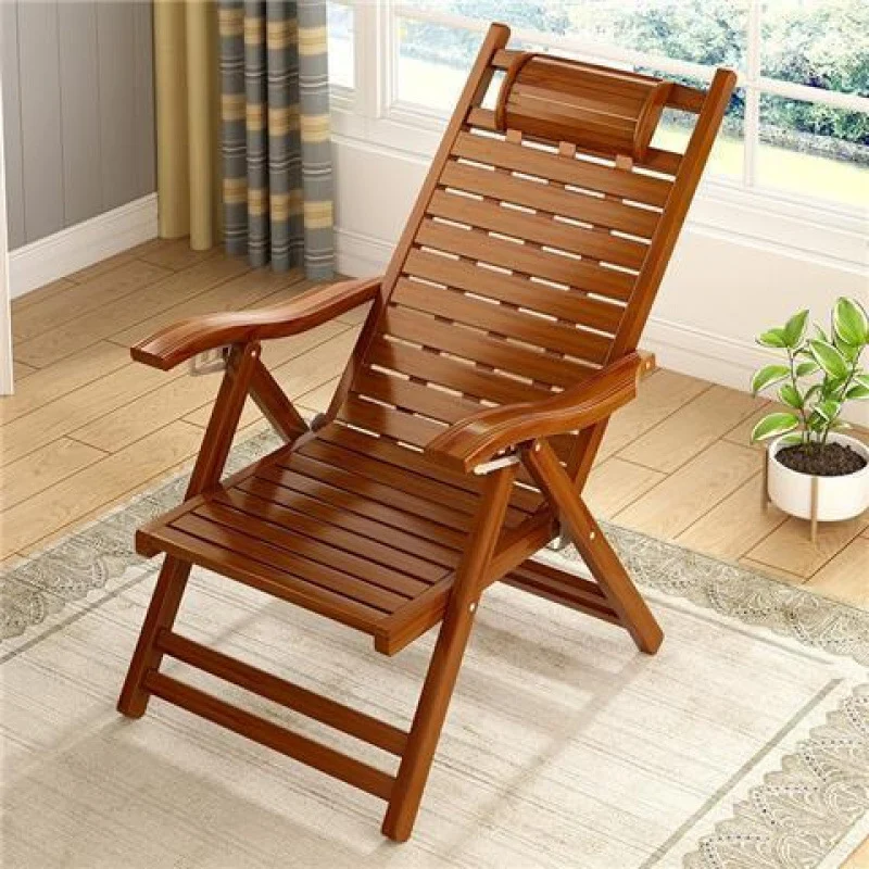 Traditional Chinese Bamboo Hollow Rectangular Folding Recliner Lounge Chair With Backrest Armrests For Living Room Balcony