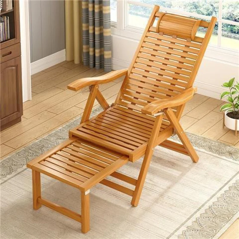 Traditional Chinese Bamboo Hollow Rectangular Folding Recliner Lounge Chair With Backrest Armrests For Living Room Balcony