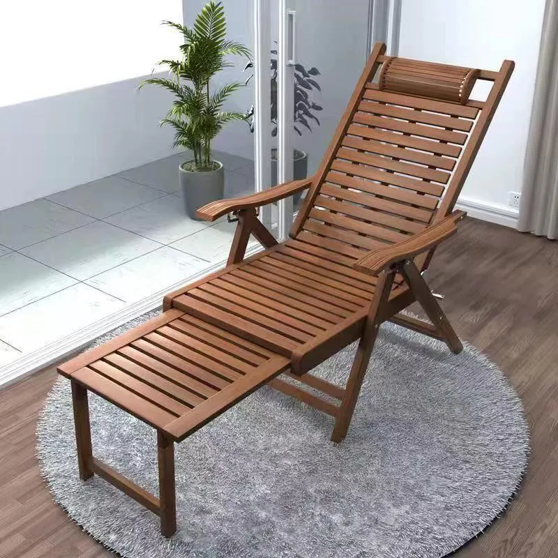 Traditional Chinese Bamboo Hollow Rectangular Folding Recliner Lounge Chair With Backrest Armrests For Living Room Balcony