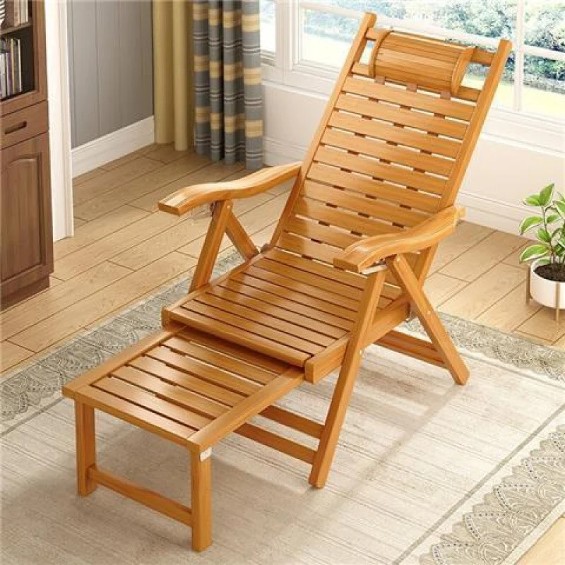 Traditional Chinese Bamboo Hollow Rectangular Folding Recliner Lounge Chair With Backrest Armrests For Living Room Balcony