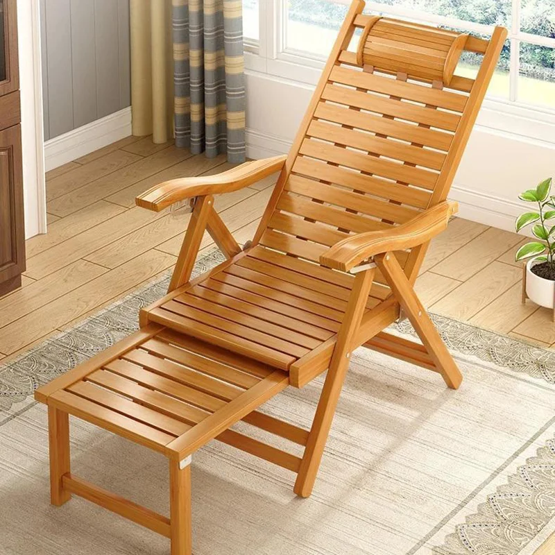 Traditional Chinese Bamboo Hollow Rectangular Folding Recliner Lounge Chair With Backrest Armrests For Living Room Balcony