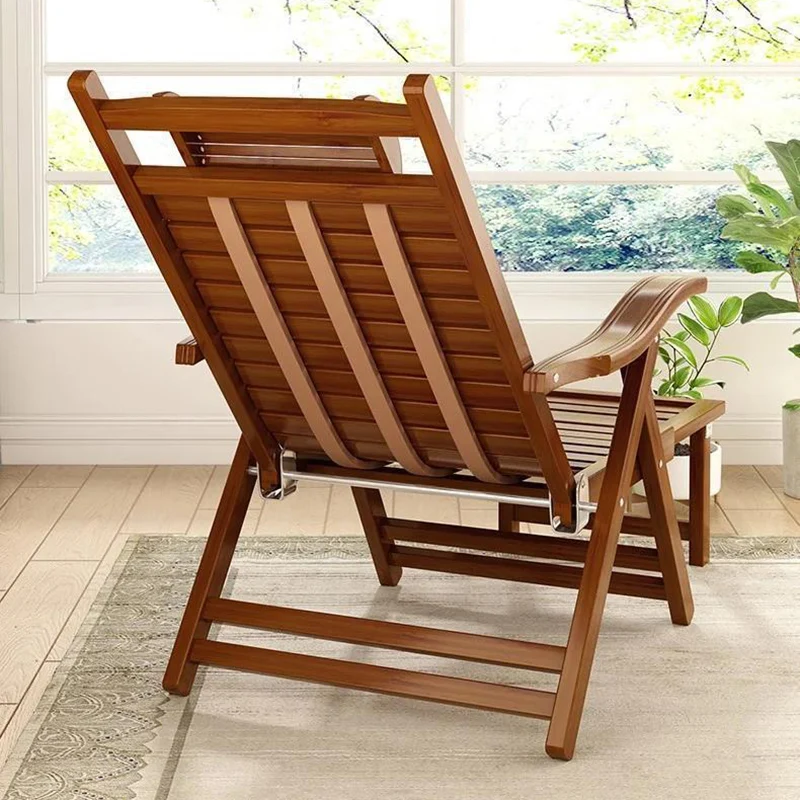 Traditional Chinese Bamboo Hollow Rectangular Folding Recliner Lounge Chair With Backrest Armrests For Living Room Balcony