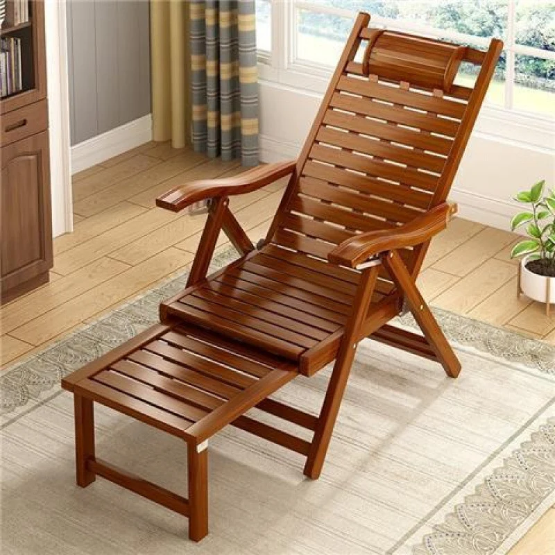 Traditional Chinese Bamboo Hollow Rectangular Folding Recliner Lounge Chair With Backrest Armrests For Living Room Balcony