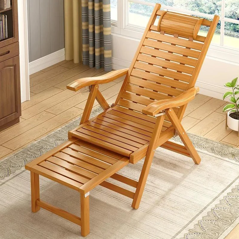 Traditional Chinese Bamboo Hollow Rectangular Folding Recliner Lounge Chair With Backrest Armrests For Living Room Balcony