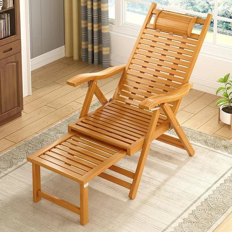 Traditional Chinese Bamboo Hollow Rectangular Folding Recliner Lounge Chair With Backrest Armrests For Living Room Balcony