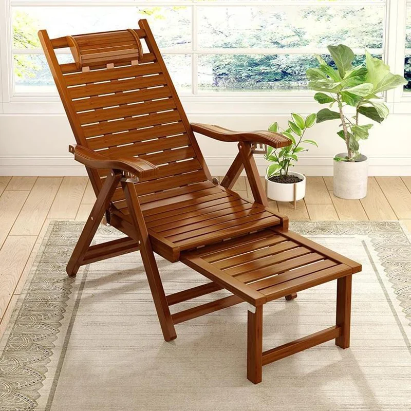 Traditional Chinese Bamboo Hollow Rectangular Folding Recliner Lounge Chair With Backrest Armrests For Living Room Balcony