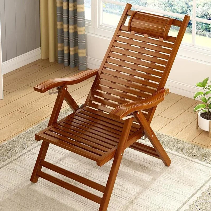 Traditional Chinese Bamboo Hollow Rectangular Folding Recliner Lounge Chair With Backrest Armrests For Living Room Balcony