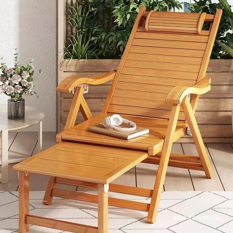 Traditional Chinese Bamboo Hollow Rectangular Folding Recliner Lounge Chair With Backrest Armrests For Living Room Balcony