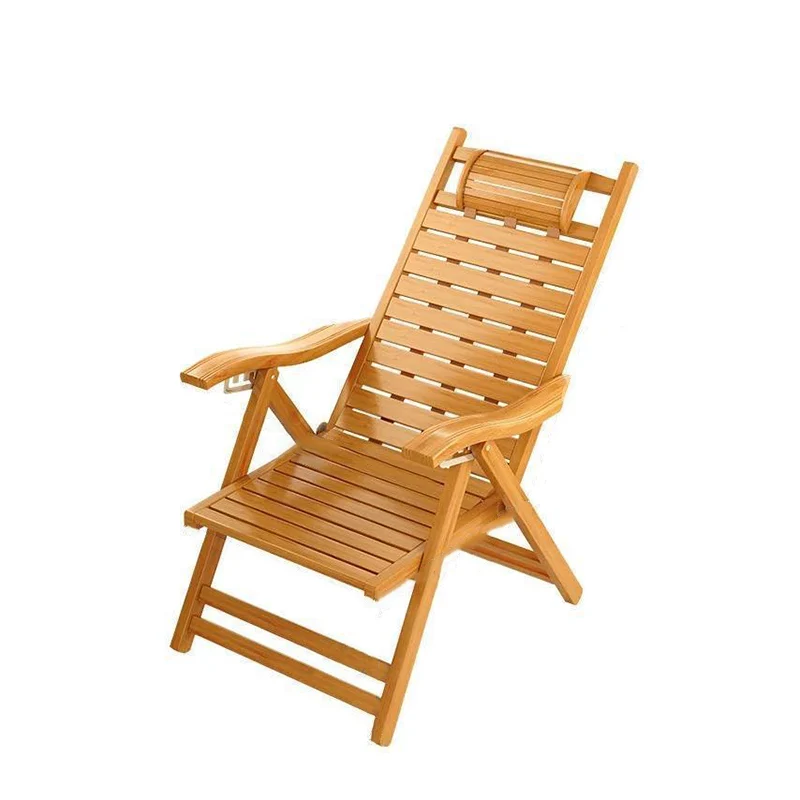 Traditional Chinese Bamboo Hollow Rectangular Folding Recliner Lounge Chair With Backrest Armrests For Living Room Balcony
