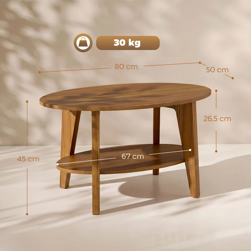 Mesa de Centro Oval de 2 Níveis Mesa de Sala Moderna com Prateleira Inferior Aberta 80x50x45 cm Carvalho