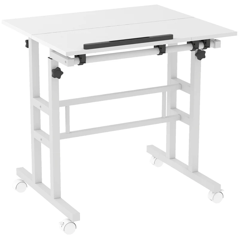Secretária Ajustável Sentar/De Pé Secretária Regulável em Altura 70x60 cm com Rodízios e Tampo Inclinável 70x60x70,5-120 cm Branco
