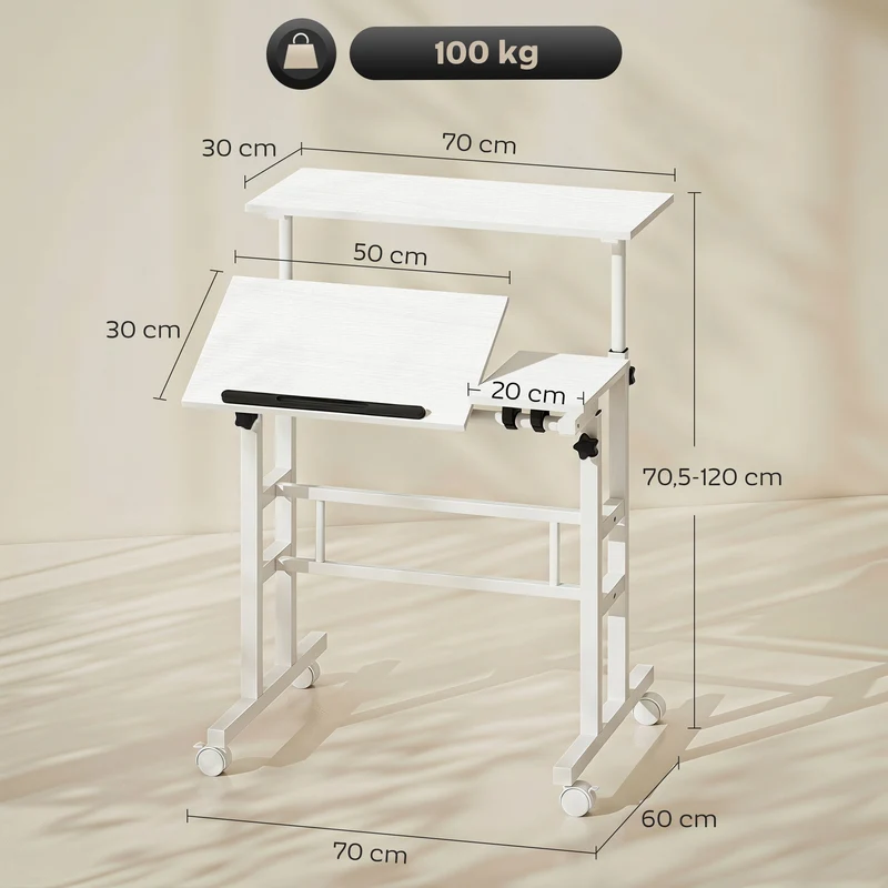 Secretária Ajustável Sentar/De Pé Secretária Regulável em Altura 70x60 cm com Rodízios e Tampo Inclinável 70x60x70,5-120 cm Branco