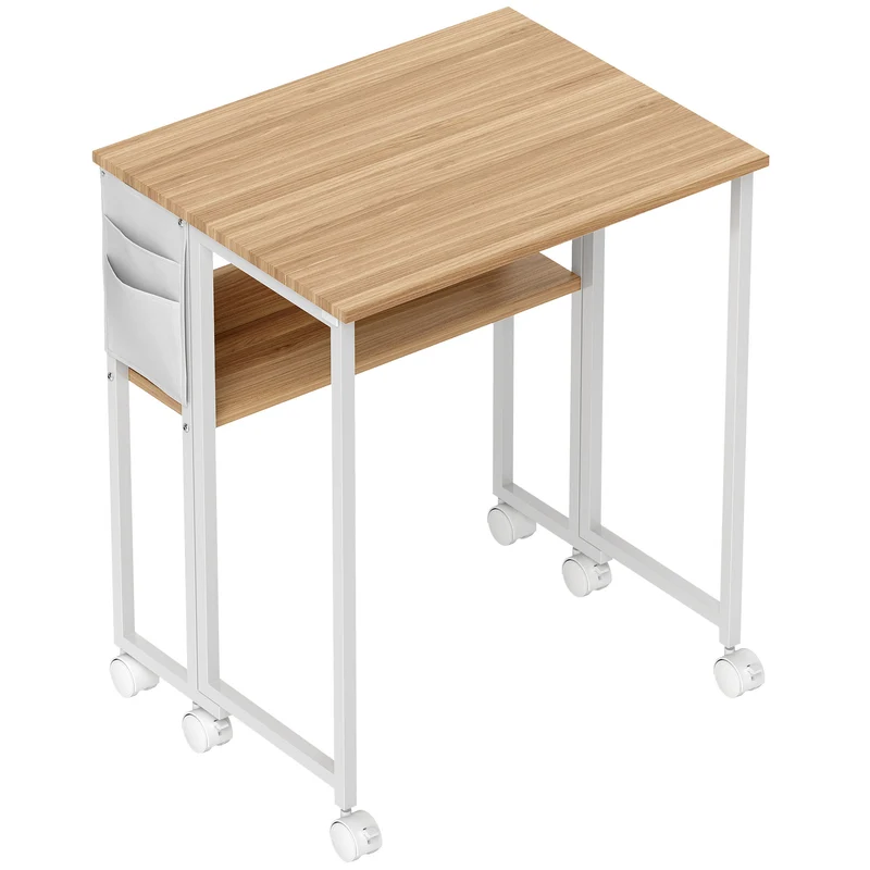 Mesa Dobrável com Rodízios 63x50 cm com Prateleira e Bolsa de Armazenamento Madeira Natural