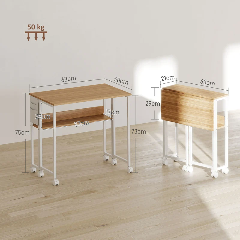 Mesa Dobrável com Rodízios 63x50 cm com Prateleira e Bolsa de Armazenamento Madeira Natural