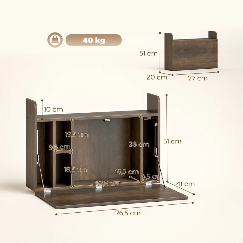 Mesa de Parede Suspensa para Computador com Prateleira Dobrável e Arrumação 77x20x51 cm