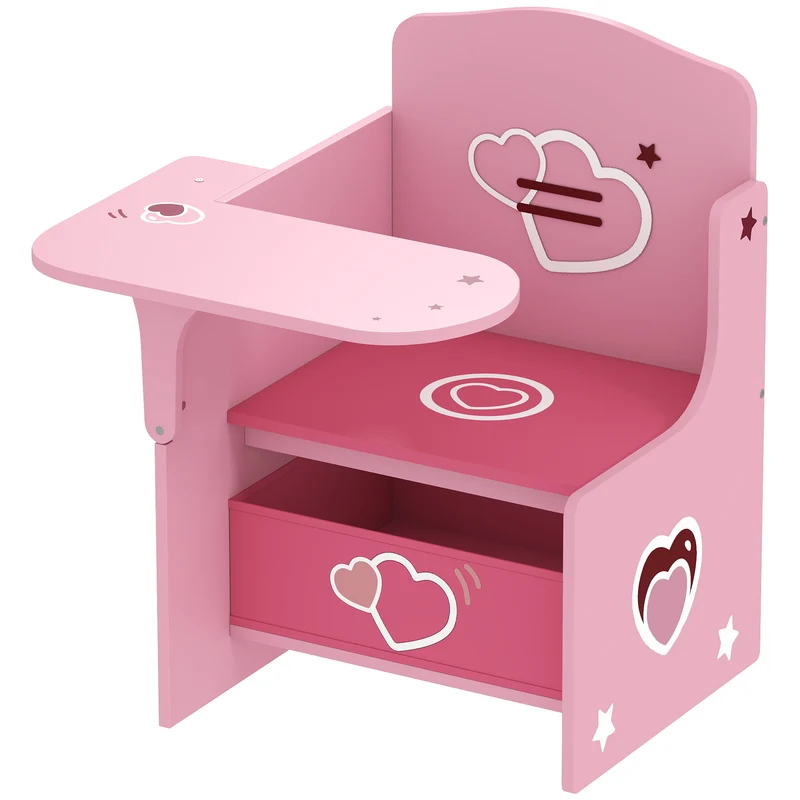 Conjunto Mesa e Cadeira Infantil 3-5 Anos em MDF com Corações Compartimento Integrado Rosa
