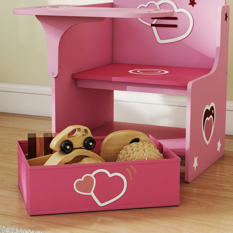 Conjunto Mesa e Cadeira Infantil 3-5 Anos em MDF com Corações Compartimento Integrado Rosa