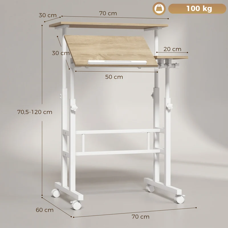 Secretária Sentar/Ficar em Pé Regulável em Altura 70x60 cm com Rodízios e Tampo Inclinável Estrutura em Metal Castanho