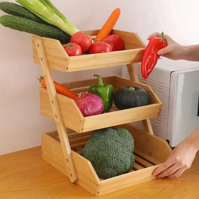 Contemporary Scandinavian Rectangular Bamboo Fruit Basket Desktop Storage Shelf 2/3 Tier For Kitchen