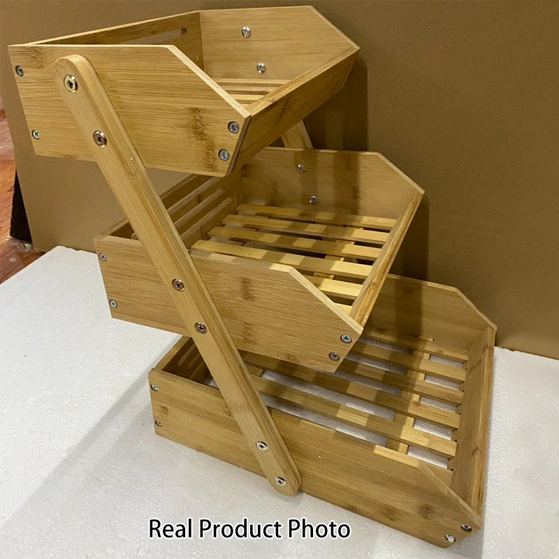 Contemporary Scandinavian Rectangular Bamboo Fruit Basket Desktop Storage Shelf 2/3 Tier For Kitchen