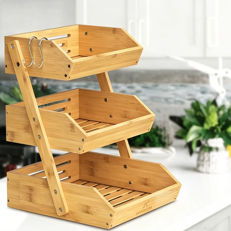 Contemporary Scandinavian Rectangular Bamboo Fruit Basket Desktop Storage Shelf 2/3 Tier For Kitchen
