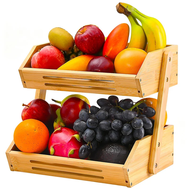 Contemporary Scandinavian Rectangular Bamboo Fruit Basket Desktop Storage Shelf 2/3 Tier For Kitchen