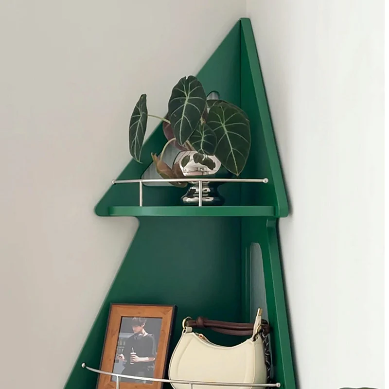 Contemporary Creative Christmas Tree Solid Wood Stainless Steel Space-Saving Corner Storage Shelf 4-Layer For Living Room & Study