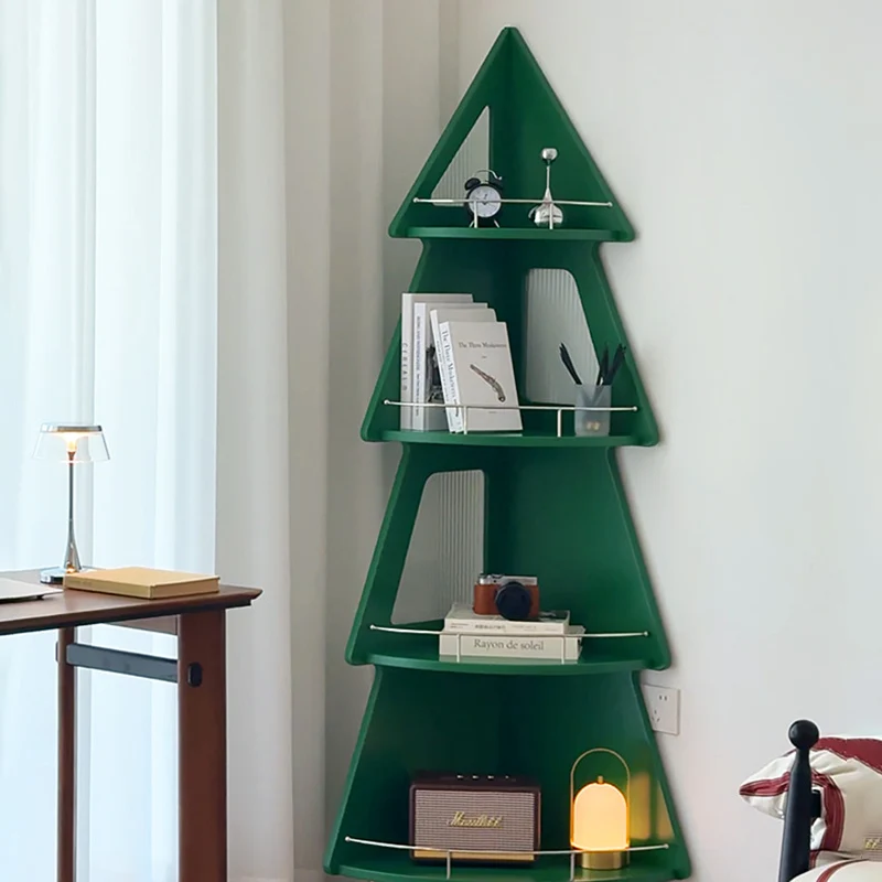 Contemporary Creative Christmas Tree Solid Wood Stainless Steel Space-Saving Corner Storage Shelf 4-Layer For Living Room & Study