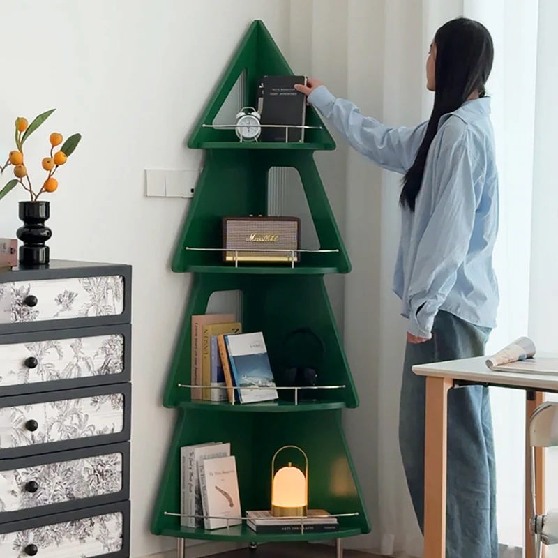 Contemporary Creative Christmas Tree Solid Wood Stainless Steel Space-Saving Corner Storage Shelf 4-Layer For Living Room & Study