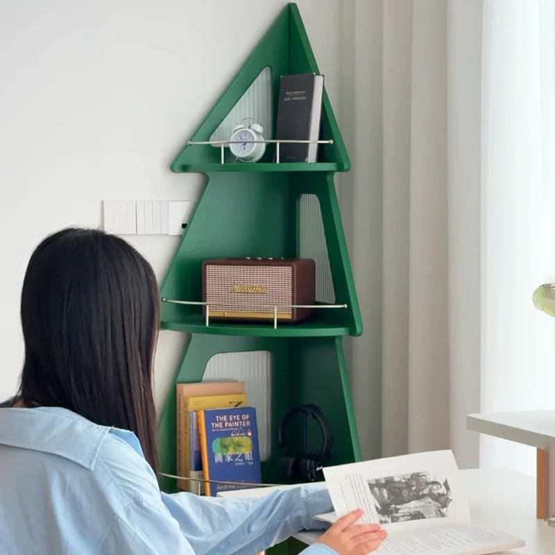 Contemporary Creative Christmas Tree Solid Wood Stainless Steel Space-Saving Corner Storage Shelf 4-Layer For Living Room & Study