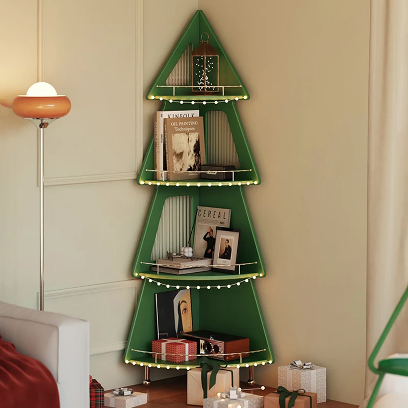Contemporary Creative Christmas Tree Solid Wood Stainless Steel Space-Saving Corner Storage Shelf 4-Layer For Living Room & Study